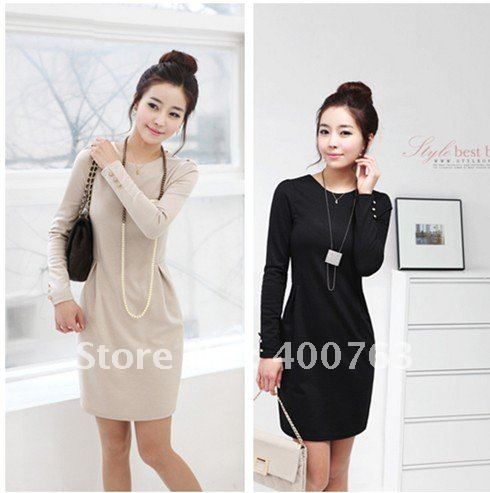 Top Sale Black/Beige long sleeve cheap lady formal cotton dress new  fashion 2012  for women clothing