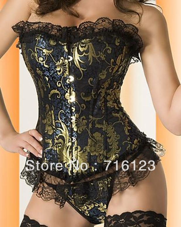 Top  Sexy Blue Golden Satin boned Corset Basques lingerie Thong  Free Shipping