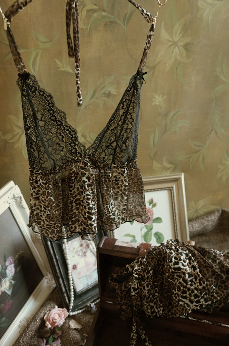 Top sexy leopard print lace nightgown twinset