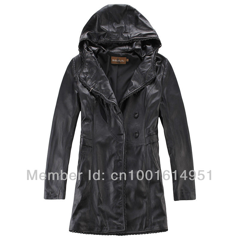 Top sheep leather women's Clothing  long section of genuine leather, hooded,single breasted