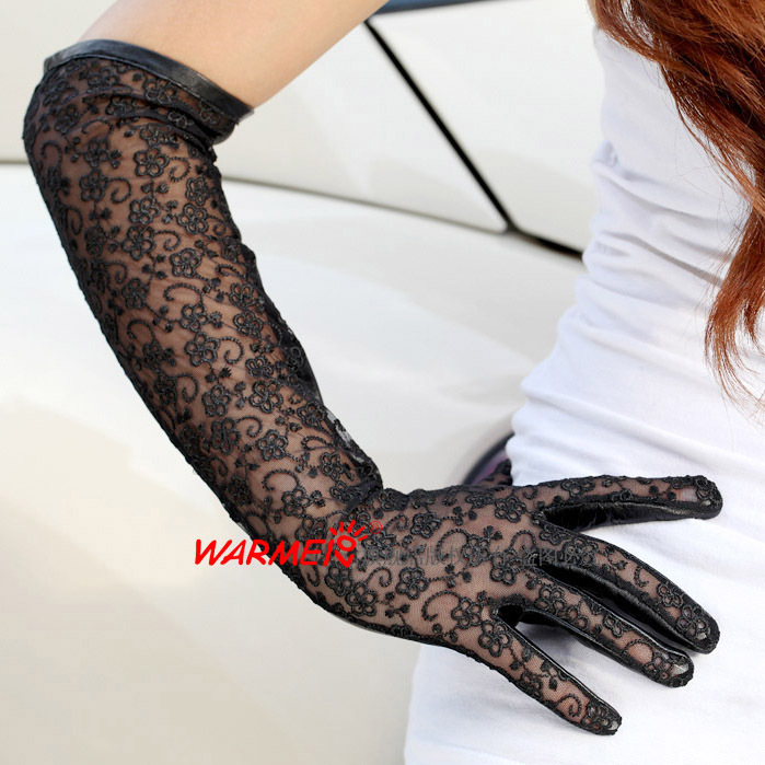 Top sheepskin winter medium-long lace genuine leather female gloves l112n