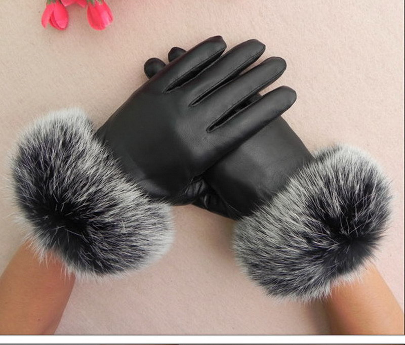 Topsale  2012 Fashion Genuine Leather Glove Lamb Glove /Sheep Skin with  Rabit Fur  Size of S, M, L