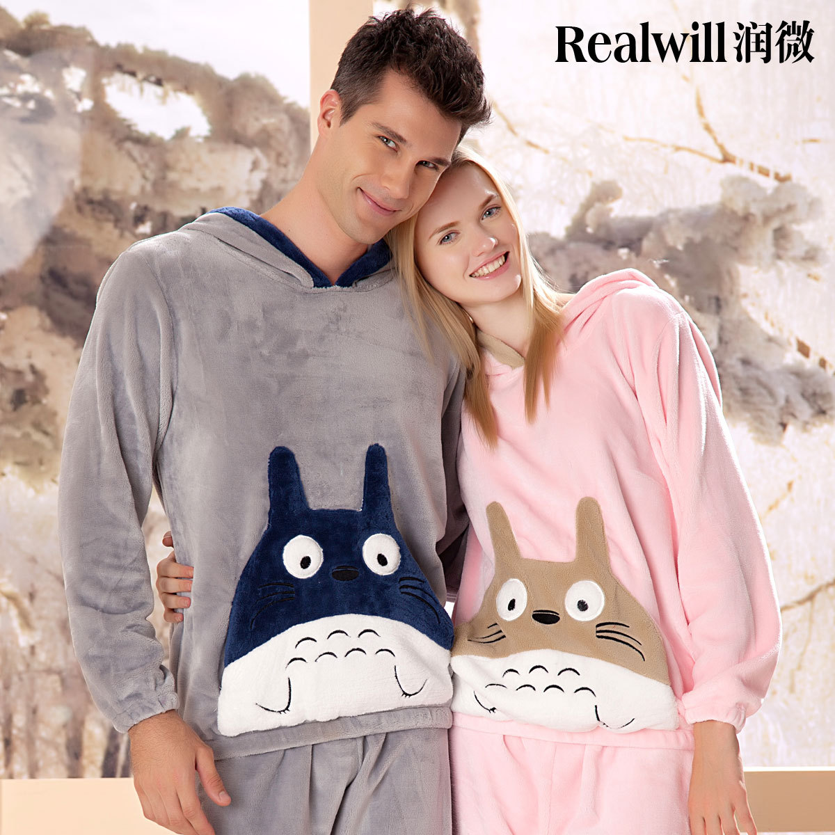 Totoro coral fleece flannel autumn and winter long-sleeve lovers sleepwear lounge set