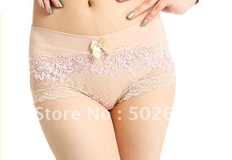 Transparent lace sexy women's pearl fiber mid waist underwear comfortable soft elastic laciness panties