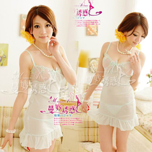 Transparent sexy sleepwear female autumn and winter gauze spaghetti strap nightgown lace perspective underwear twinset