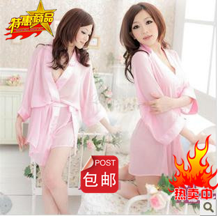 Transparent temptation chiffon plus size sexy sleepwear robe bathrobes set lingerie set female spring and summer fengliu