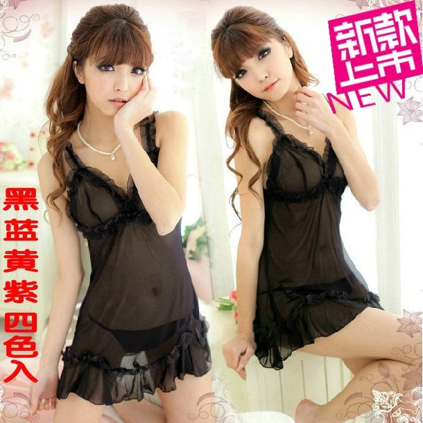 Transparent temptation suspender skirt thong set sleepwear nightgown female lingerie black