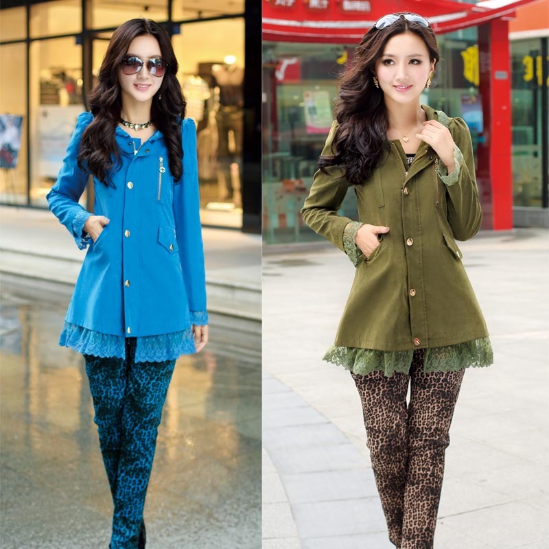 Trench female autumn long-sleeve short design lace decoration trench outerwear yfw7380