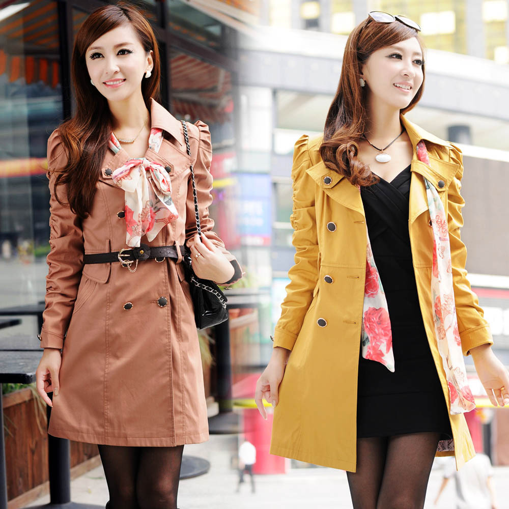 Trench female autumn long-sleeve slim double breasted medium-long trench outerwear xxg1299 silk scarf