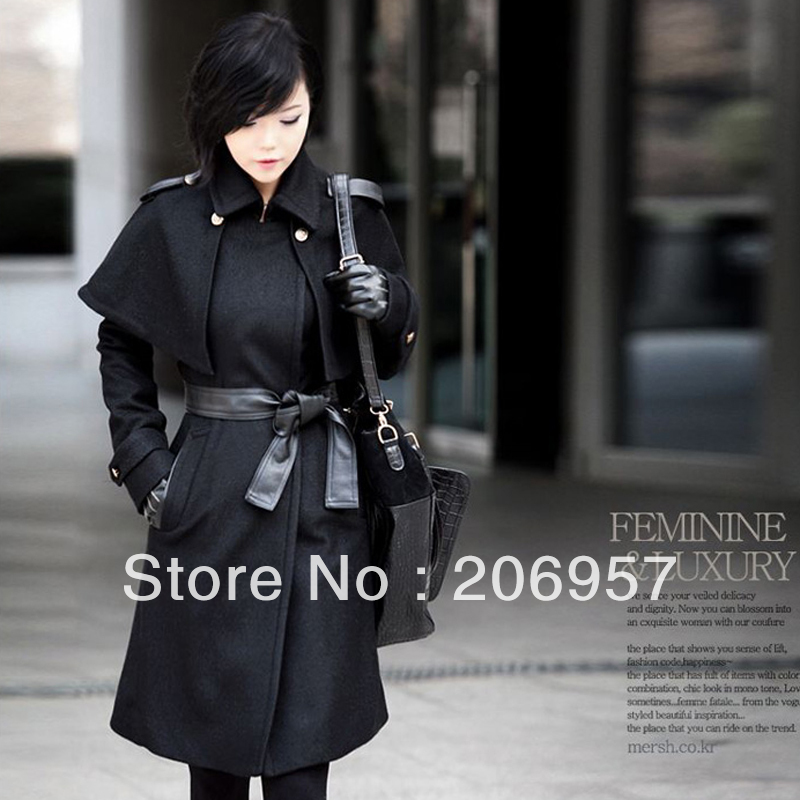 Trend leather belt decoration fashion slim large lapel wool coat free shipping