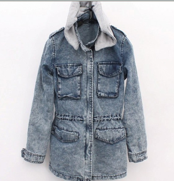 Trend with a hood casual water wash denim trench outerwear denim outerwear denim coat female