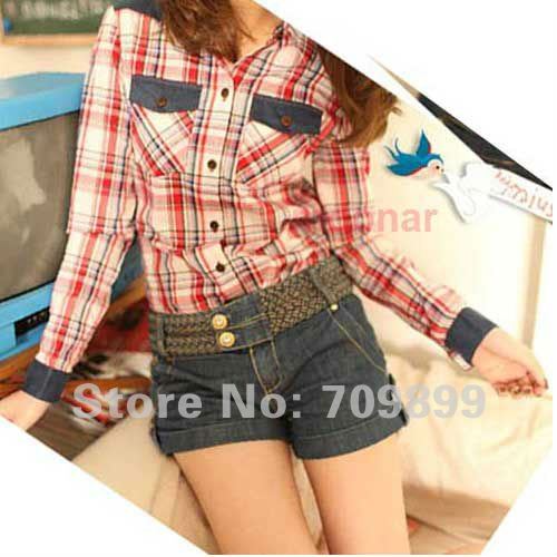 Trendy Graceful Woman Collar Long Sleeve Casual Classic T-shirt Tops Red plaid Grid Blouse E0494