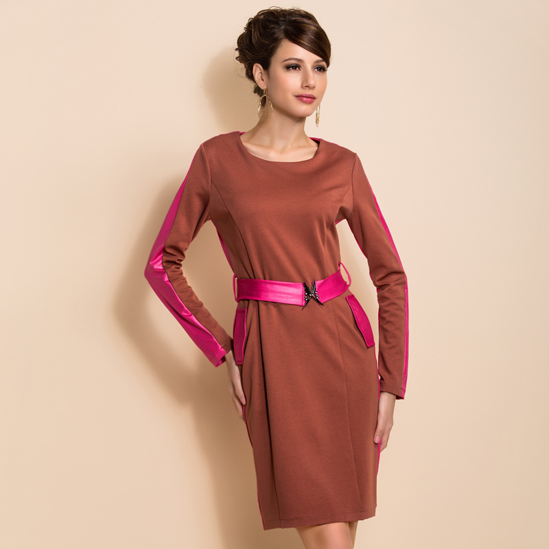 Ts 2013 spring fashion women's faux leather belt butterfly buckle slim one-piece dress