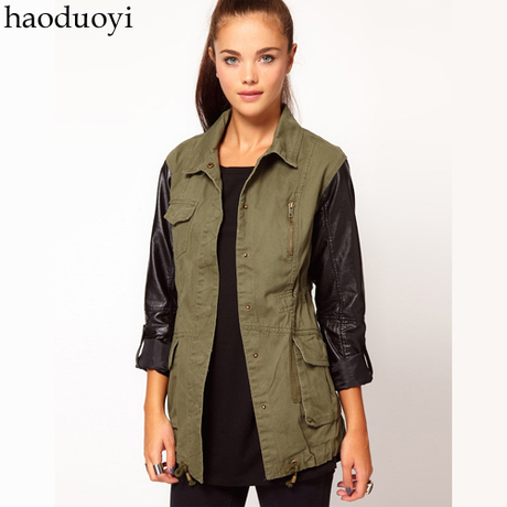 Turn-down collar black PU patchwork military outerwear hunting jacket Army Green drawstring round the waist 6 full