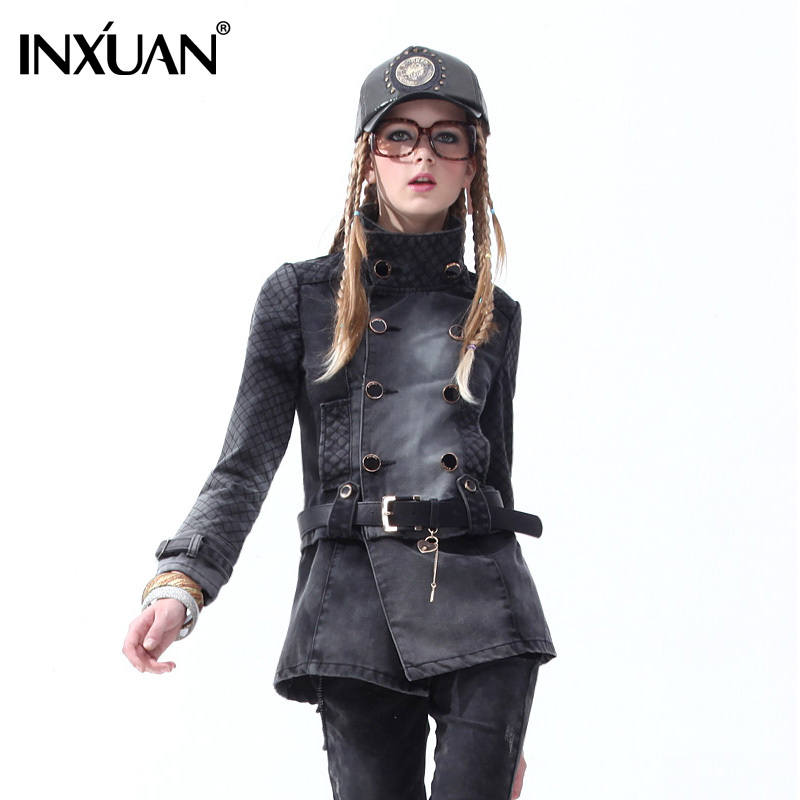 Turn-down collar fashion autumn and winter denim outerwear female fashion spring female long design denim overcoat trench