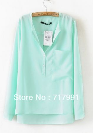 Turquoise Collarless Dipped Hem Long Sleeve Blouse with Front Pocket