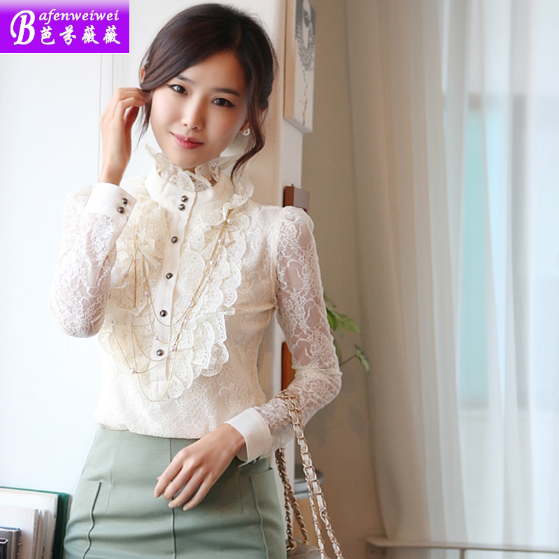 Turtleneck basic   long-sleeve lace top women's  turtleneck   ruffle collar  Blouses