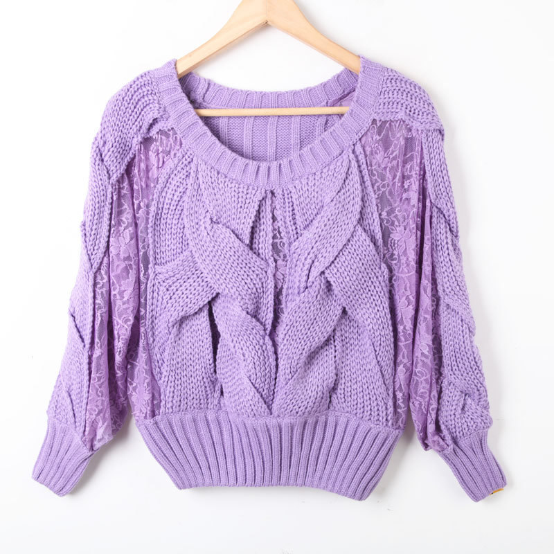 Twisted knitted patchwork lace sweater vintage loose cutout thickening sweater outerwear