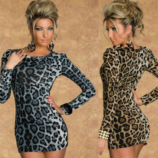 Two Colors European Styles Ladies Sexy Long Sleeve O-neck Hot Leopard Print Mini Club Dress Evening Party Formal Dancing Dresses