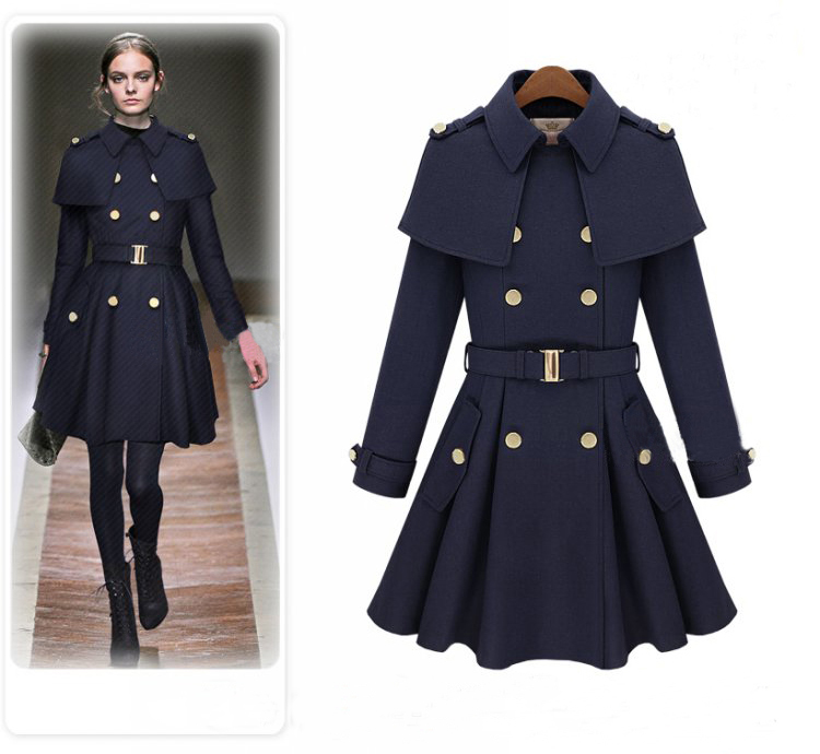 Two Colors Hot Sale 2012 Autumn Winter Women's European Wool Double-Brasted Cape Style Big Hem Long Jacket Coat S-XL