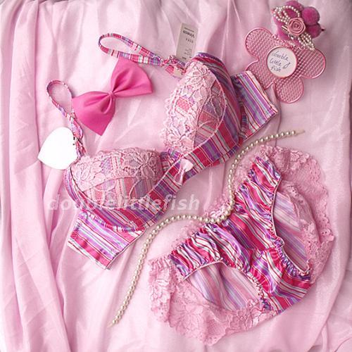 U sweet pink lace stripe bow underwear push up bra set