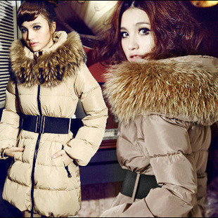 Ultra large luxurious fur collar slim medium-long down coat jacket Parkas