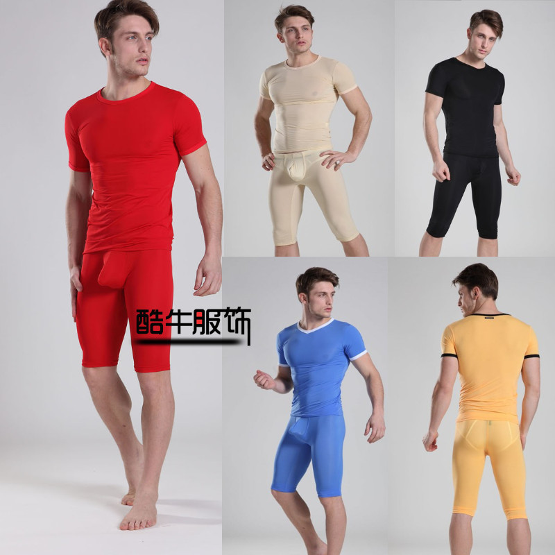 Ultra-thin male tight sleep set u three-dimensional bags transparent sexy pajama pants capris male