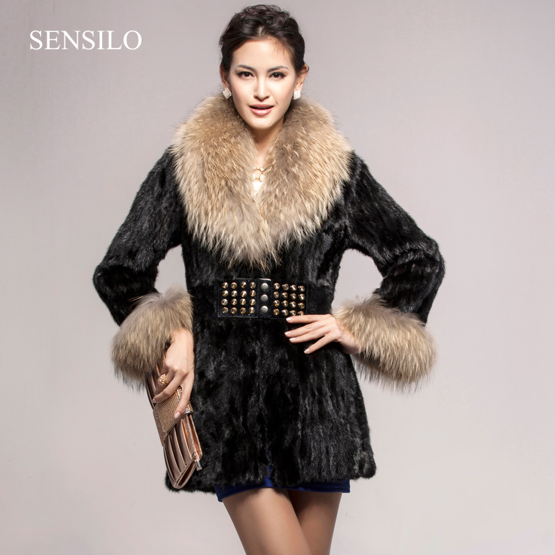 unbelievable design 2013 arrogance gorgeous raccoon fur neckline slim medium-long Rive belt genuine mink fur coat mink overcoat