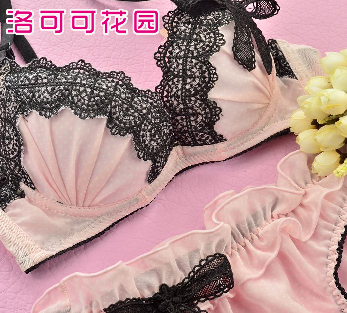 Underwear bra set push up sexy lace pink chiffon yarn