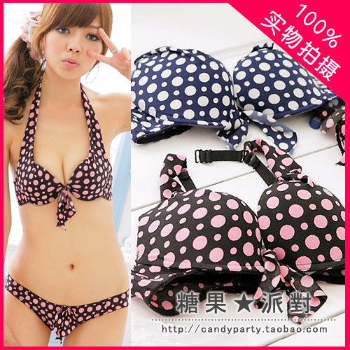 Underwear pretty polka dot double-shoulder halter-neck two ways sexy bra set 443