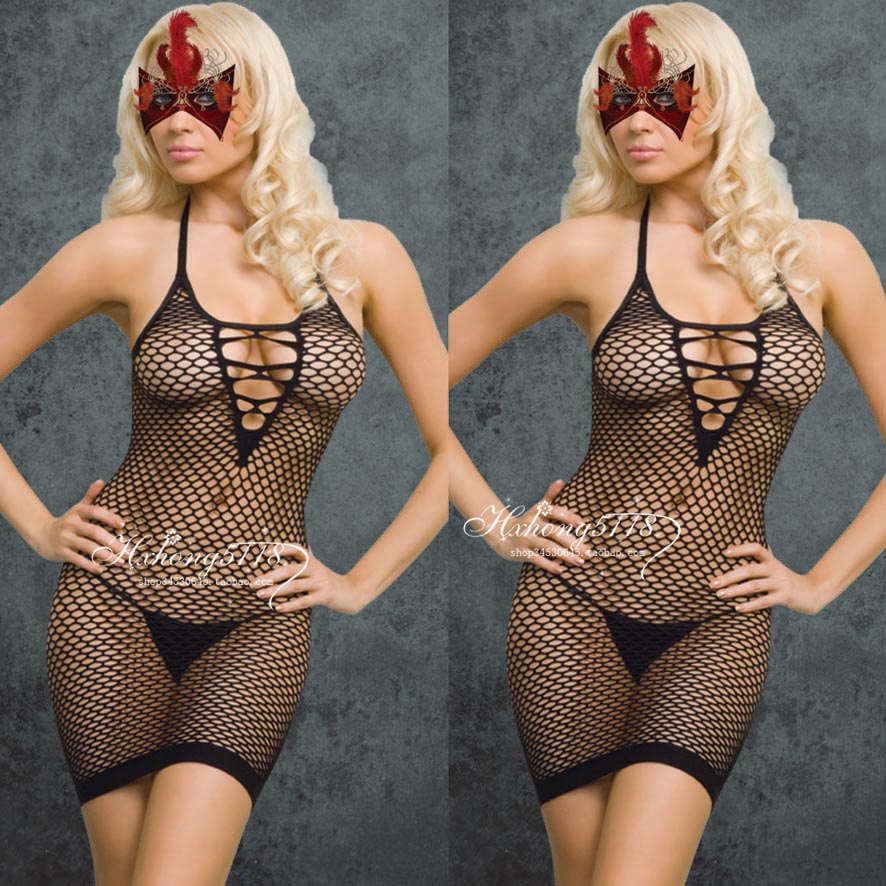 Underwear sexy halter-neck half-length fishnet stockings mesh bodysuit cutout tights t w8113