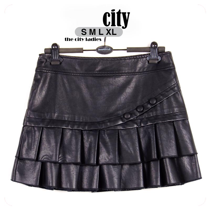 Unique double layer pleated leather water wash PU skirt a slim hip skirt pants bust skirt basic skirt 99260