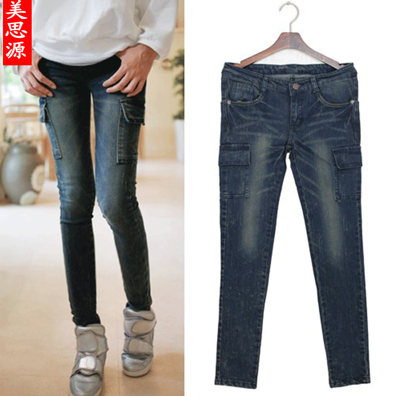 Unique multi-pocket female jeans denim pencil pants boot cut jeans y9242