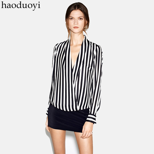 V-neck long-sleeve autumn and winter female shirt black and white stripe cross shirt 6 full