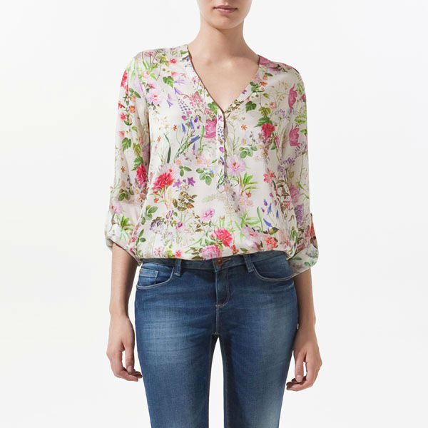 V-NECK ROLL UP SLEEVE FLORAL PRINTS LOOSE FIT CHIFFON SHIRT TOP 3527