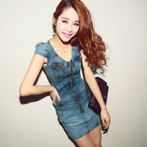 V-NECK SHORT SLEEVE ZIPPER FRONT DENIM DRESS 3049