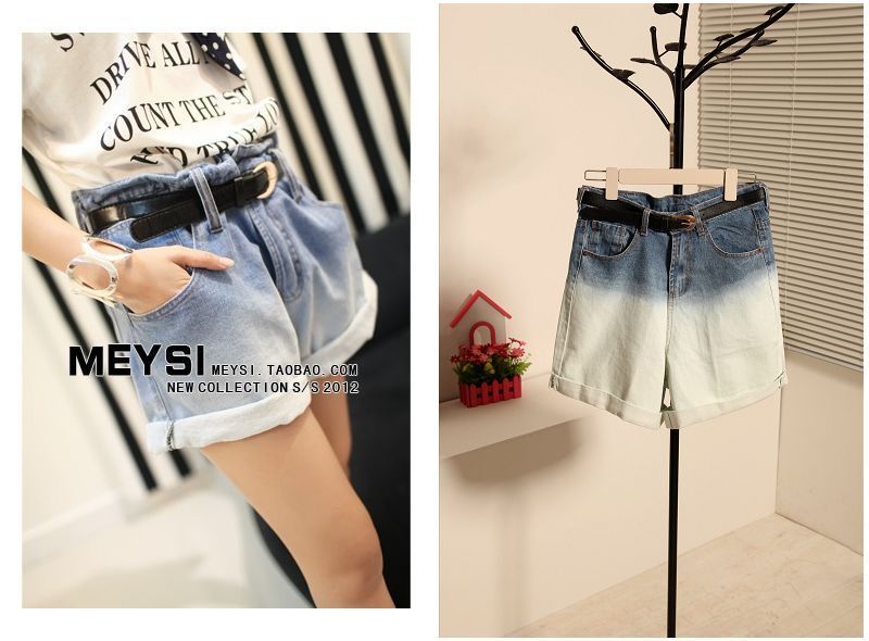 V5 female sty nda gradient loose roll-up hem high waist denim shorts harem pants