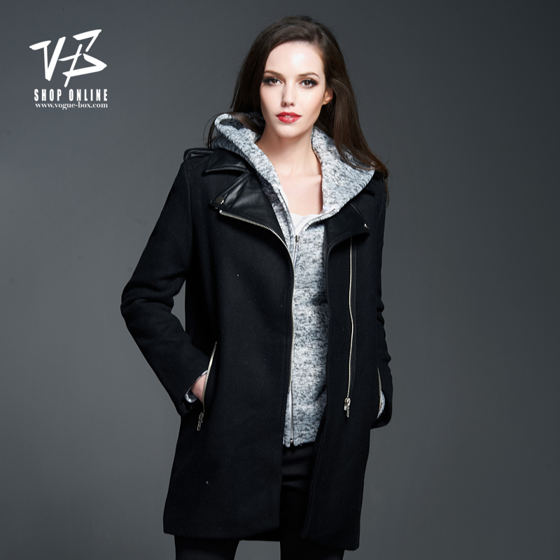 Vb white box fashion black woolen oblique zipper long design outerwear female leather turn-down collar epaulette long overcoat