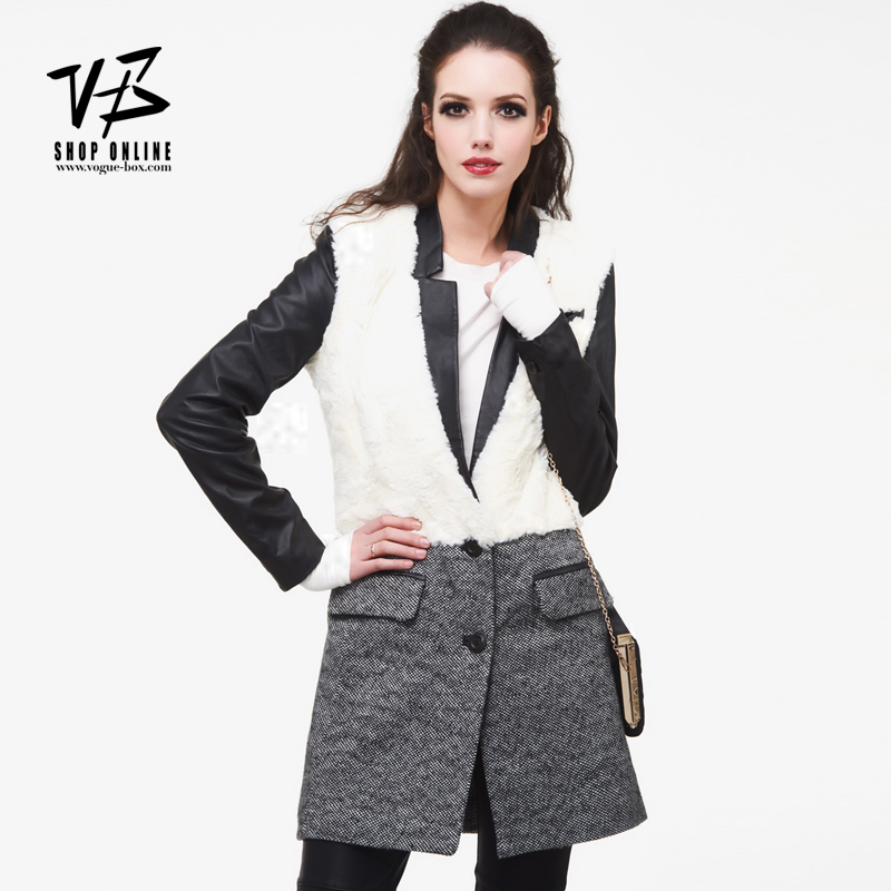 Vb white box fashion leather patchwork plush woolen outerwear long design single breasted suit jacket female