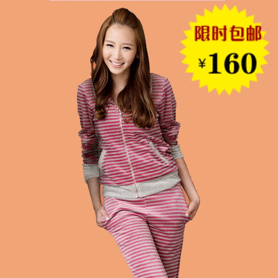 Velvet lounge stripe 100% cotton long-sleeve casual sports sleepwear female set fashion