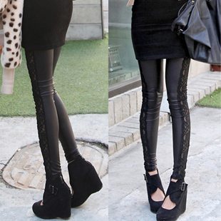 Velvet thickening of sidepiece high-elastic lace patchwork faux leather pants ankle length legging 2958