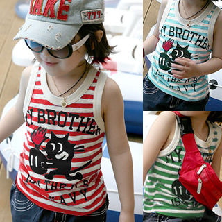 Very cool kid's cartoon cotton vest  navy  stripes red, blue, green (free shipping)