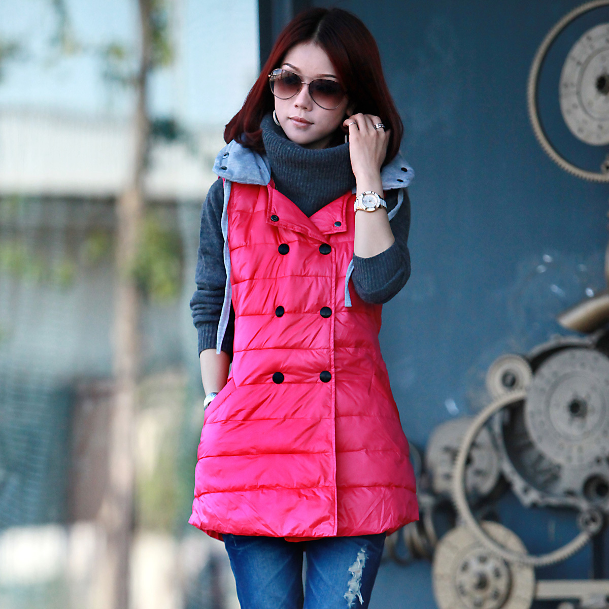 Vest autumn and winter female cotton vest female women's with a hood spring and autumn vest women's