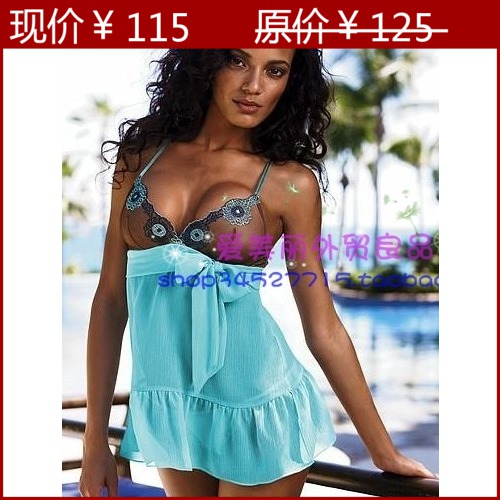 Victoria summer transparent temptation chiffon lace women's spaghetti strap nightgown set t