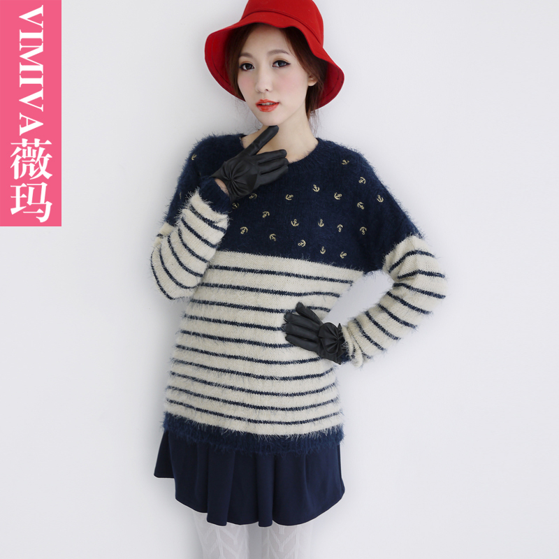 Vimiva navy style blue and white color block stripe sweater medium-long slim basic shirt female