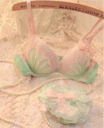 Vineco chiffon stripe fresh lace underwear bra green push up deep V-neck bra set