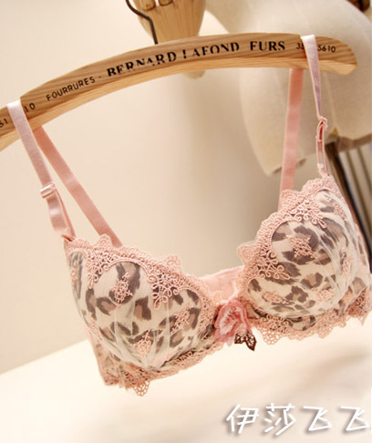 Vineco lace embroidery pink leopard print sexy 3 breasted underwear bra push up bra set bc cup