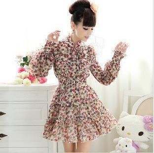 Vintage 2012 Autumn and Winter New Women Bowtie Chiffon Floral Dress Long Sleeve Ruffled Short Dress Perfect Go WithTrench W354