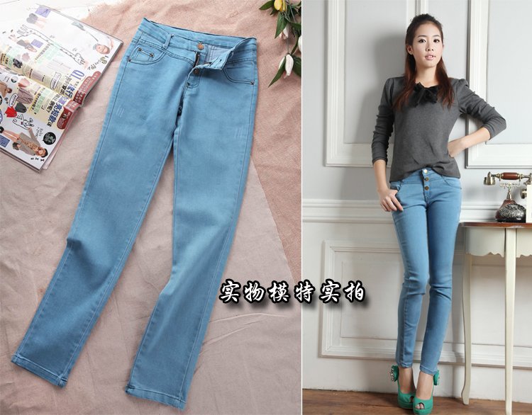 Vintage 2012 Autumn Women Long High Waist Pants Straight Jeans Ligh Blue Plus Large Button UP  Legging 4 Sizes