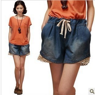 Vintage 2012 high waist plus size loose short denim skorts cotton cloth lace shorts mm women's